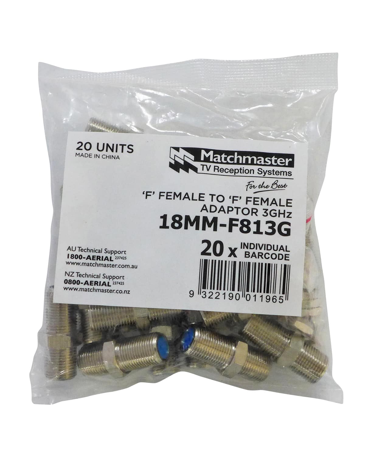 MATCHMASTER ADAPTOR 'F' FEMALE-FEMALE 3GHZ >20DB RL (20 Pack) : 18MM-F813G - Image 2