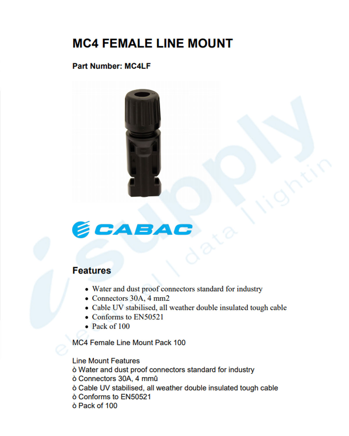 CABAC 100 x MC4 FEMALE PANEL MOUNT MC4PMF - Image 2