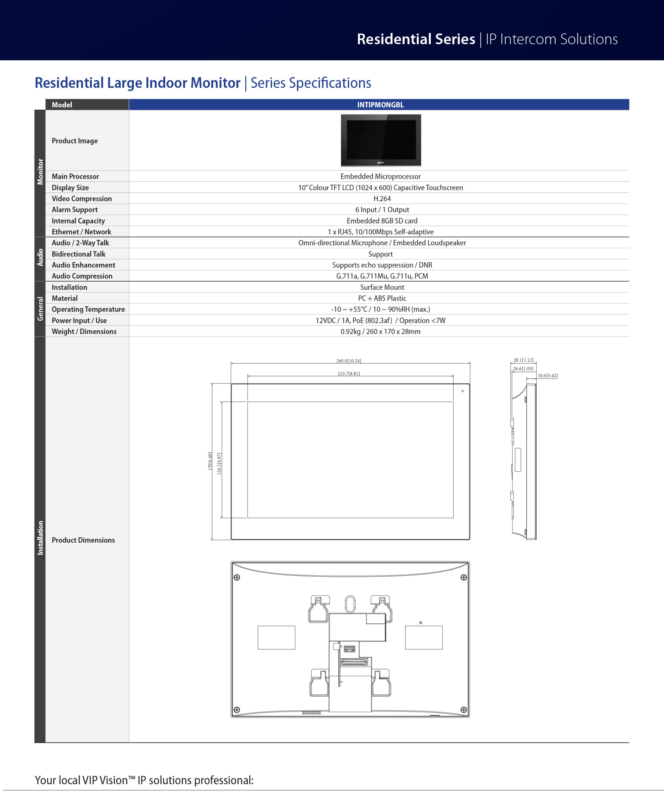 VIP Vision Residential Series Large IP Intercom Monitor (Black) INTIPMONGBL - Image 4