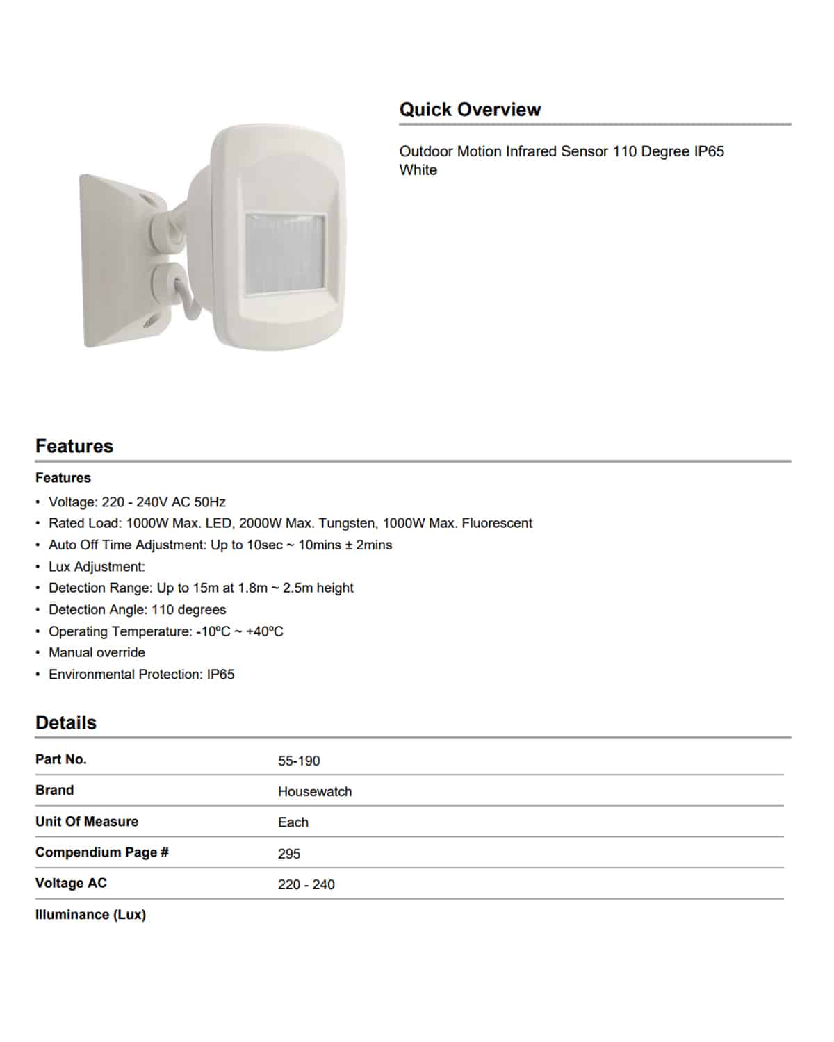 Housewatch 110? Outdoor Infrared Motion Sensor - White 55-190