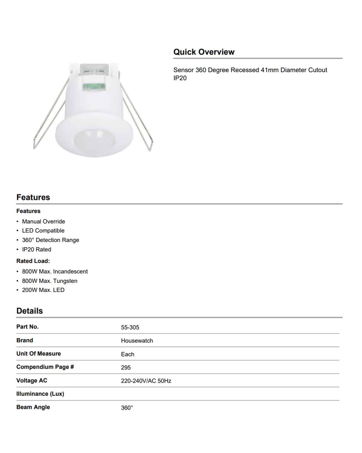 Housewatch 360? Infrared Motion Sensor 41mm - Recessed Mount 55-305