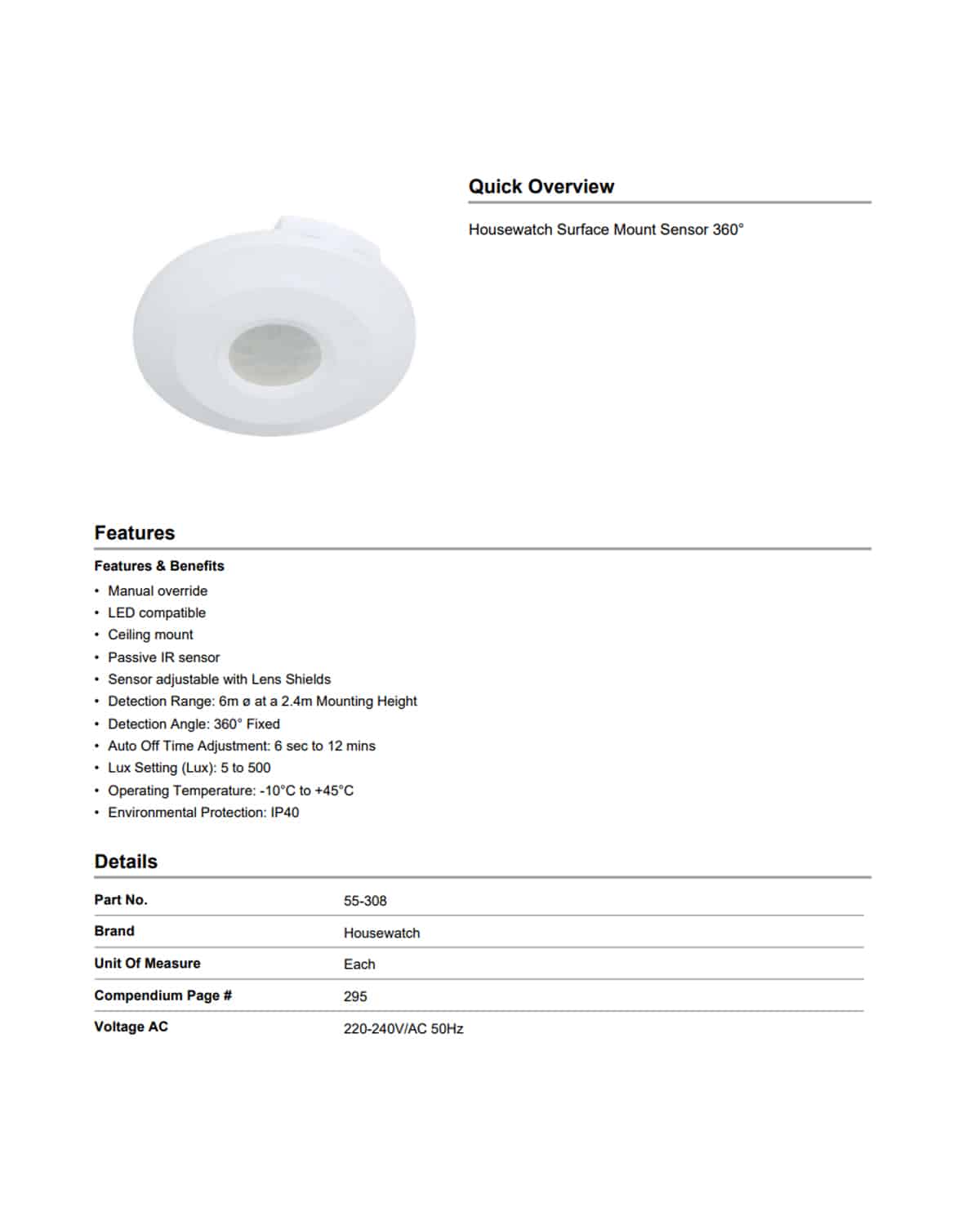 Housewatch 360? Infrared Motion Sensor 76mm - Recessed Mount 55-307