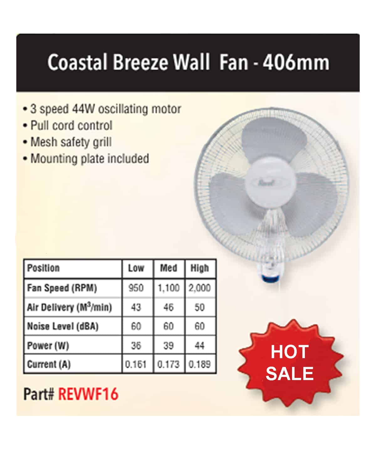 REVELAIL WALL FAN 406MM PULLCORD 240V REVWF16 - Image 2
