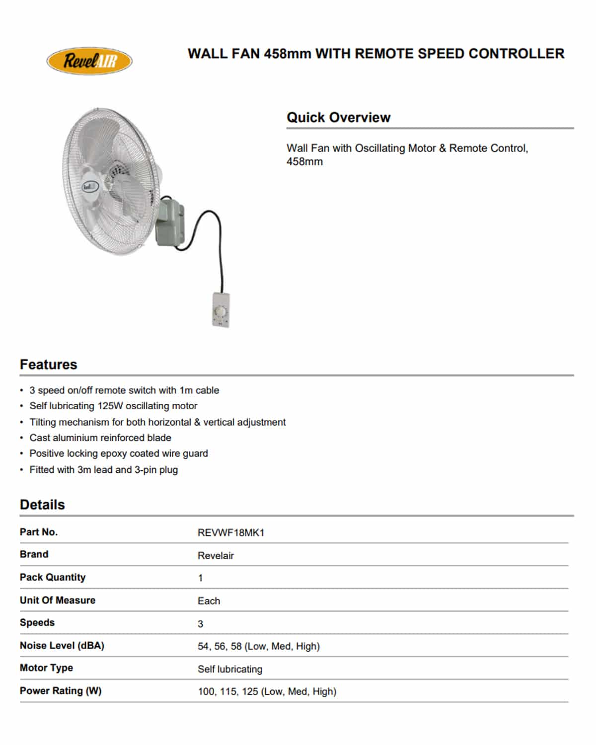 REVELAIL WALL FAN 458MM WITH REMOTE SPEED CONTROLLER REVWF18MK1 - Image 2