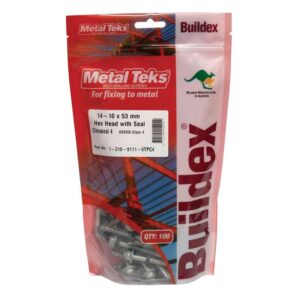 Screw, Metal Tek 14G x 53mm Hex Head with Seal CL4 [100] BUI131091119TPC4