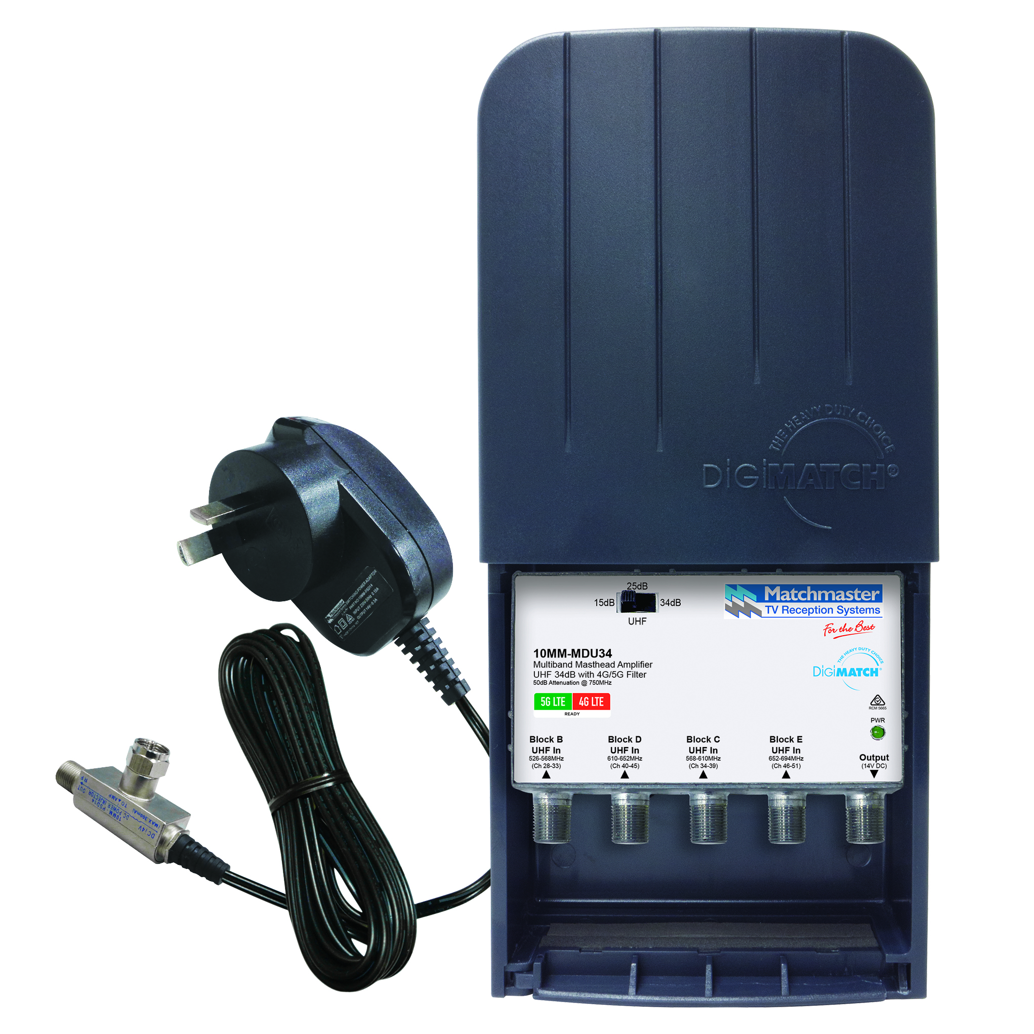 MATCHMASTER AMP UHF 4 INPUT 15,24,34dB SWITCHABLE GAIN 4G FILTERS FOR BANDS B C D E : 10MM-MDU34P