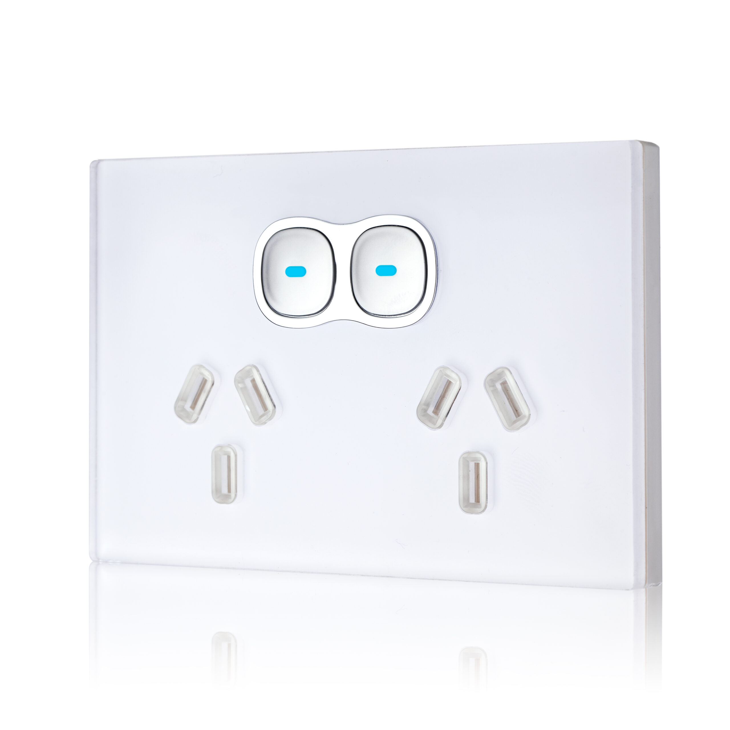 Transco Glass double GPO with built-in LED push button switch P2G
