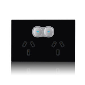 Transco Glass double GPO with built-in LED push button switch black P2G/B