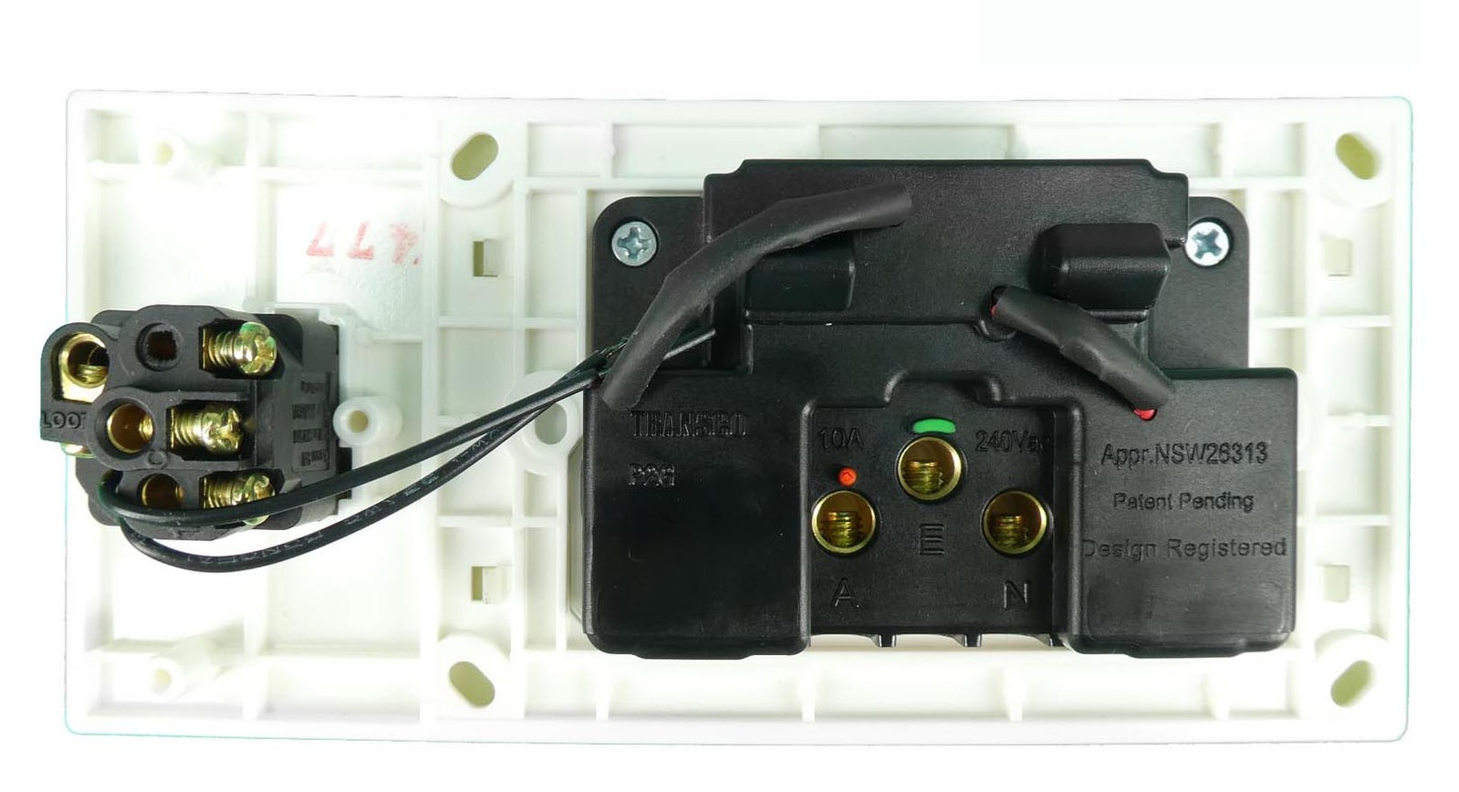 Transco Glass double GPO with built-in LED push button switch with extra switch P2XG