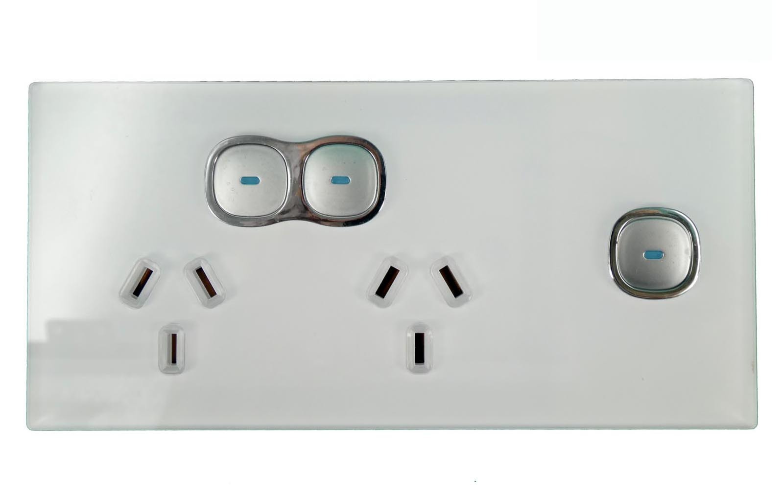 Transco Glass double GPO with built-in LED push button switch with extra switch P2XG