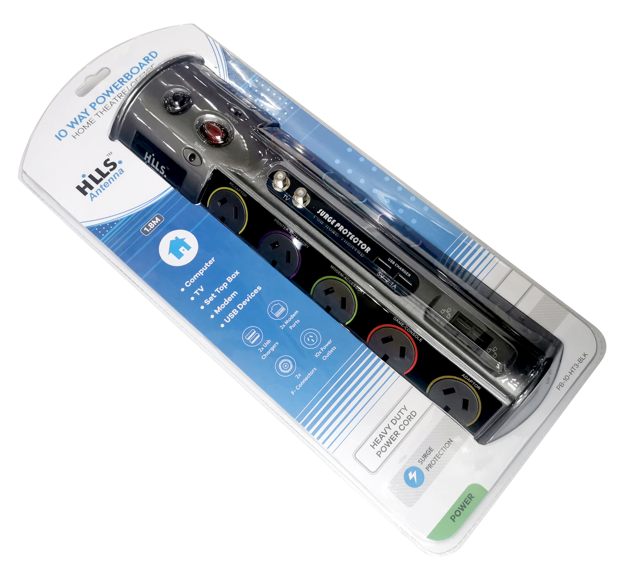 Hills Antenna 10 Way Surge Protector with 2 x USB Ports + TV Outlet + Network 09HPB-10-HT3/BLK