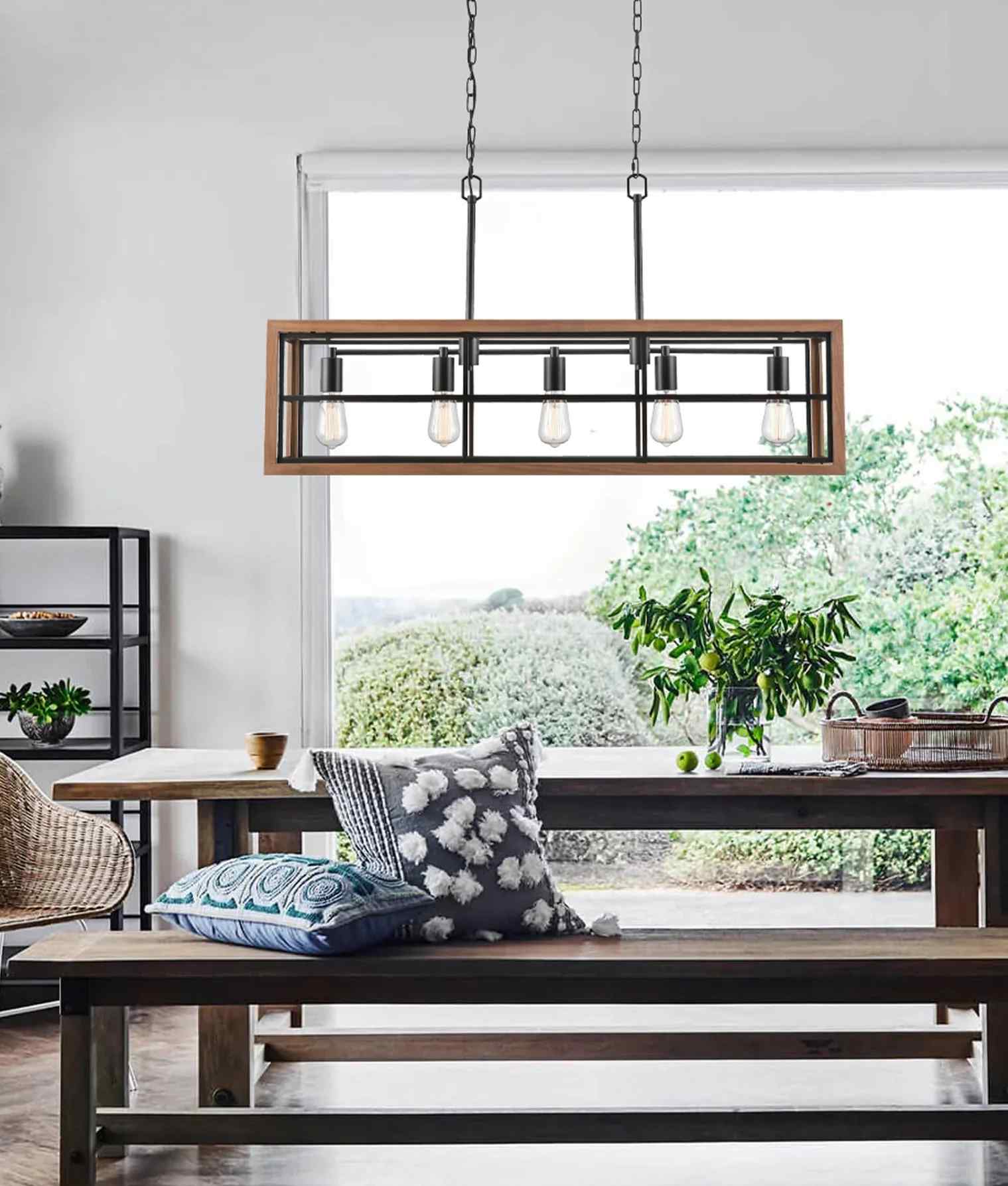 CLA BANQUET: Retro Interior Rectangular Wood Frame Pendant Light - Image 2