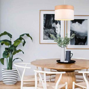 CLA TAMBURA: Scandinavian Medium Drum Cloth Shade with Wood Veneer Trim Pendant Lights