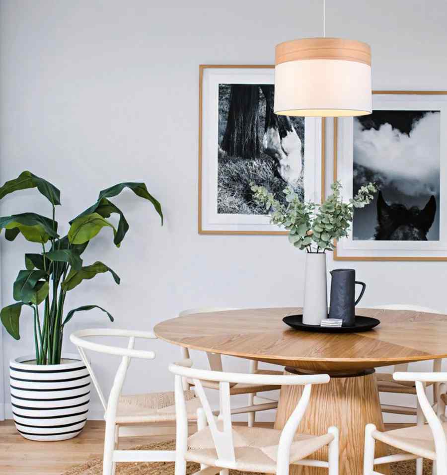 CLA TAMBURA: Scandinavian Medium Drum Cloth Shade with Wood Veneer Trim Pendant Lights