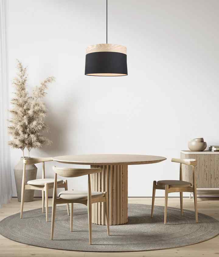 CLA TAMBURA: Scandinavian Large Drum Cloth Shade with Wood Veneer Trim Pendant Lights - Image 4