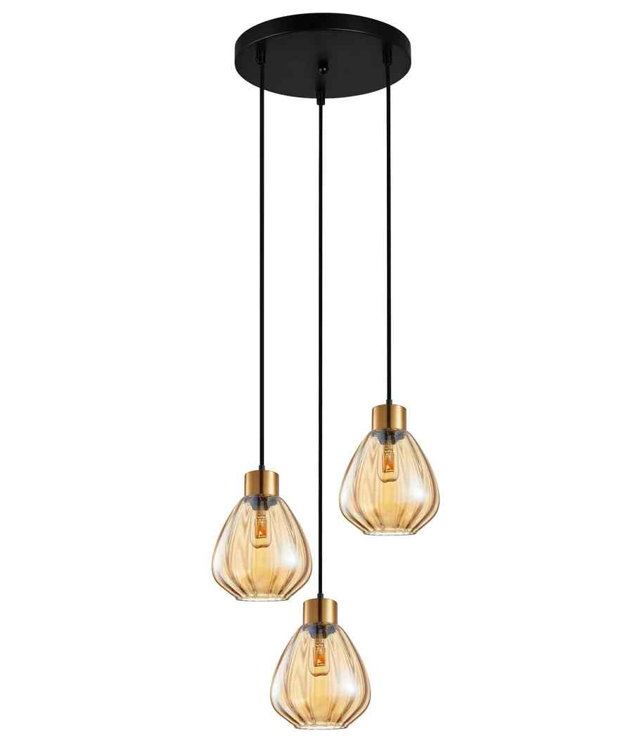 CLA TULIP: Interior Bronze Amber / Smokey Black Wine Glass Ribbed Multiple Round Base Pendant Lights