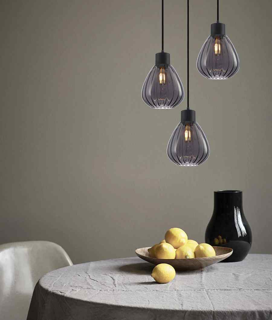 CLA TULIP: Interior Bronze Amber / Smokey Black Wine Glass Ribbed Multiple Round Base Pendant Lights - Image 6