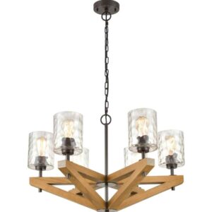CLA VOTIF: Retro Interior Candelabra Oak Wood with Clear Blown Dimpled Glass Pendant Light