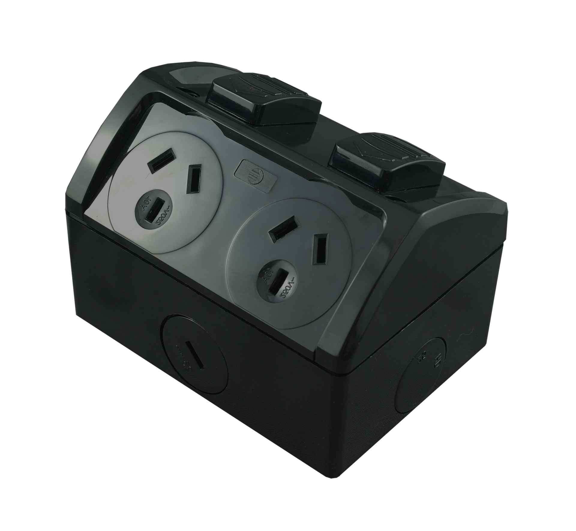 CGS Weatherproof GPO DOUBLE 10A + EXTRA SWITCH BLACK WPOD10XNCB