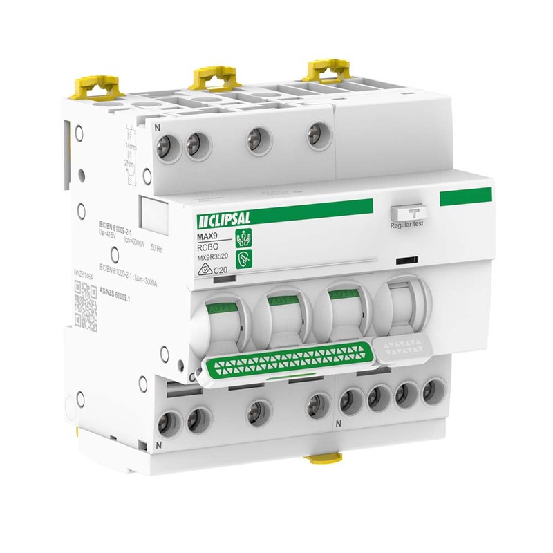 Clipsal MAX9 20 Amp RCD RCBO With Overcurrent Protection C Curve 5 Module 3 Pole + Neutral Type A 30mA 6kA