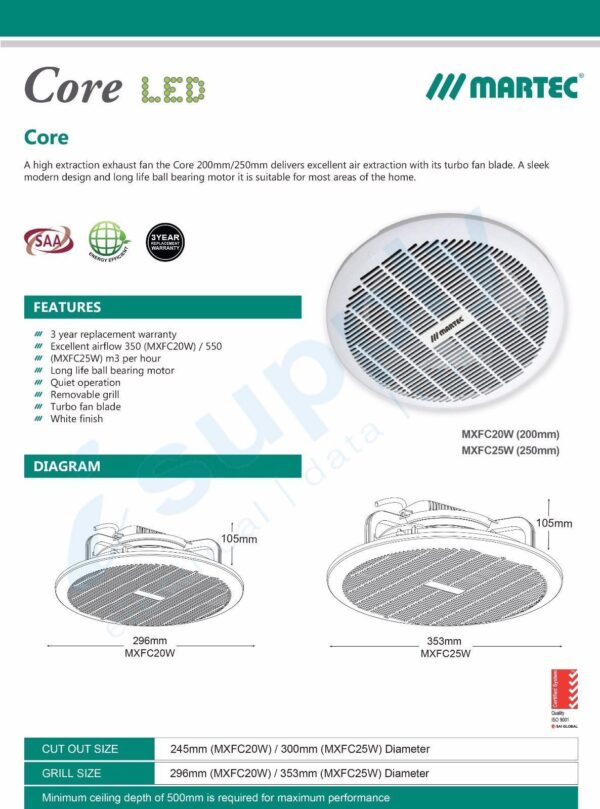 Martec Core Round 200mm Exhaust Fan White MXFC20W