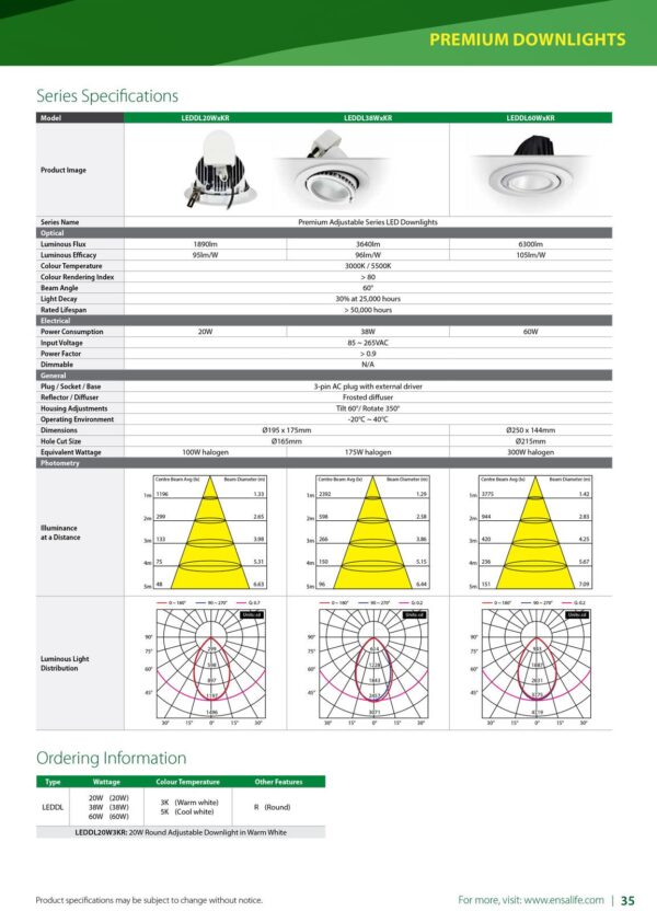 ENSA 60W Premium Adjustable LED Downlight (3000K) LEDDL60W3KR - Image 5