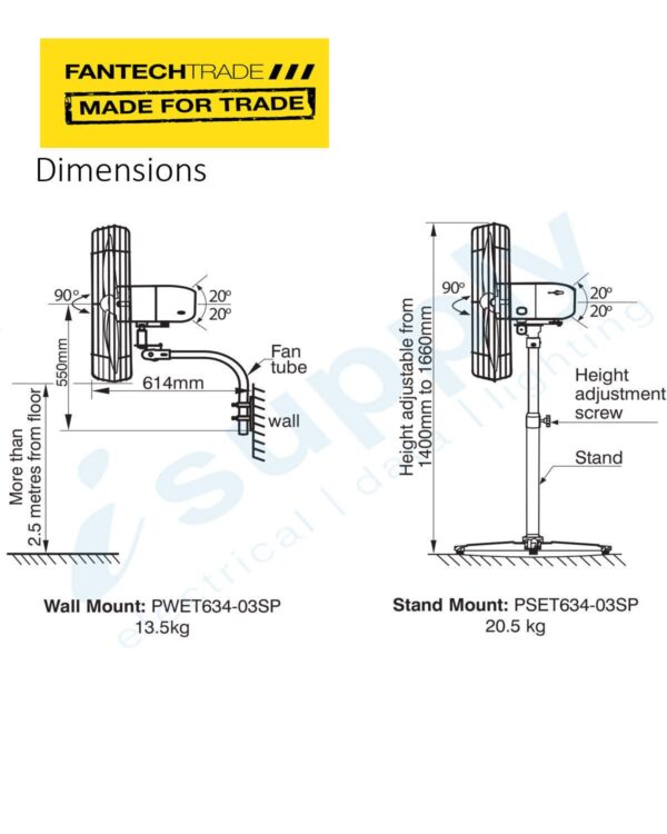 FANTECH 630mm dia 3speed oscillating Wall Mount fan PWET634-03SP