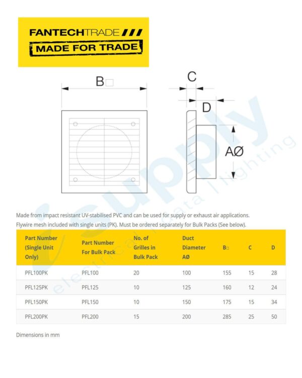 FANTECHTRADE 125mm External Plastic Fixed Louvre c/w flywire FANPFL125PK - Image 3