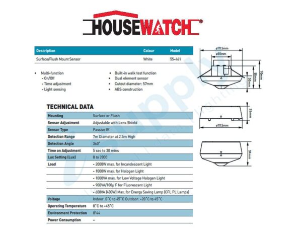 HOUSEWATCH SURFACE OR FLUSH MOUNT 360 DEGREE DETECTOR WHITE 55-461 - Image 2