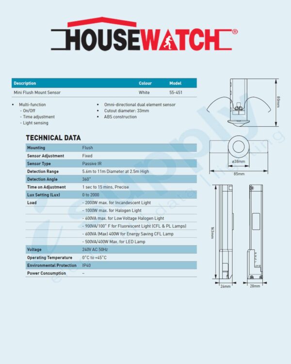 HOUSEWATCH MINI FLUSH MOUNT SENSOR 360 DEGREE OS451A 240V 10A 55-451 - Image 5