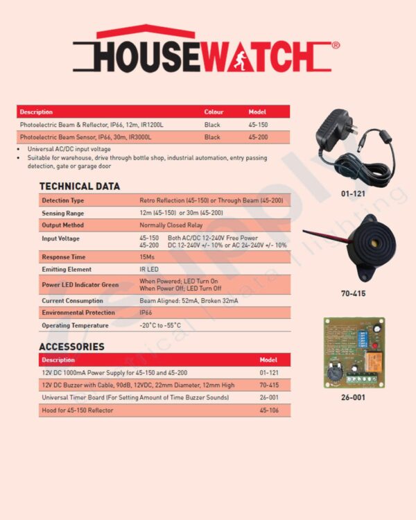 HOUSEWATCH OUTDOOR PHOTOELECTRIC BEAM AND REFLECTOR IP66 IR1200L 12m 45-150 - Image 3