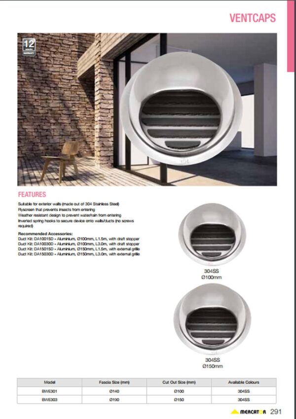 Mercator Aluminum Vent Cap 150mm Wall Vent BWE301SS - Image 3