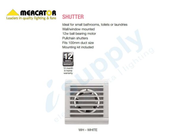 Mercator Window / Wall Exhaust Fan | 100mm Model | Bathroom Auto Shutter BWE231WH - Image 4