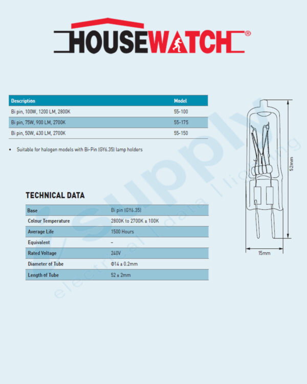 HOUSEWATCH TUNGSTEN HALOGEN LAMP BI-PIN 75W, 900 LM, 2700K 55-175 - Image 3