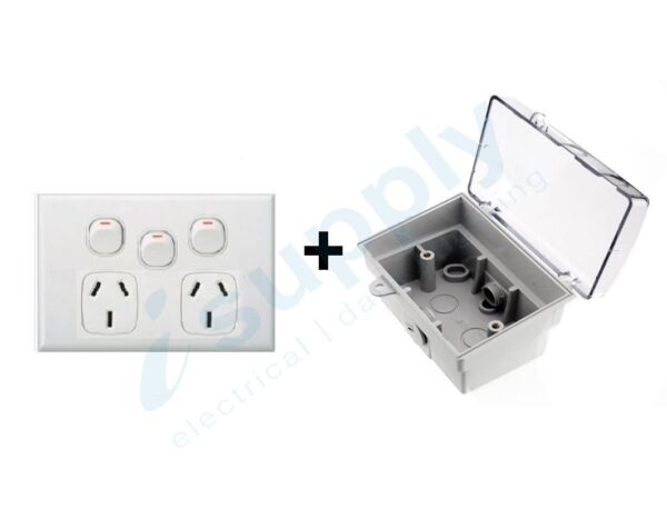 DEXTON Double Power Point Extra Switch + Weatherproof Box Lock Clear Lid