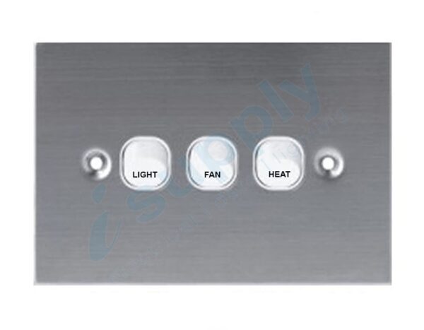 DEXTON FLAT STAINLESS STEEL 3 Gang Wall Switch - LIGHT FAN HEAT