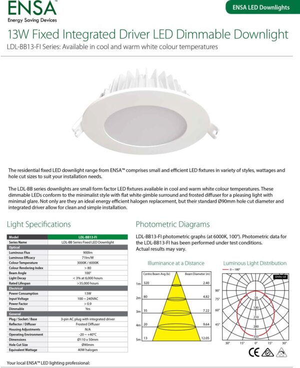 ENSA 13W Fixed Integrated Driver LED Dimmable Downlight (3000K) LDL-BB13-FWI - Image 3