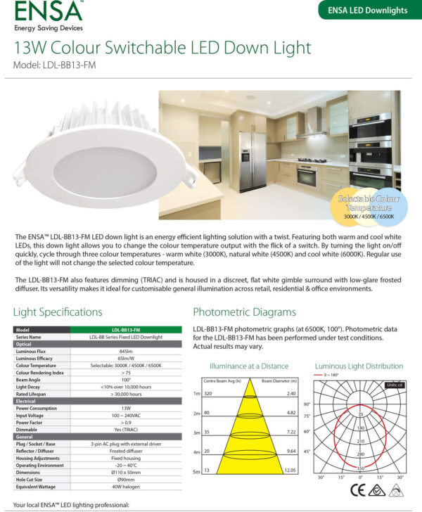ENSA 13W Residential Fixed Switchable Colour LED Dimmable Downlight LDL-BB13-FM - Image 3