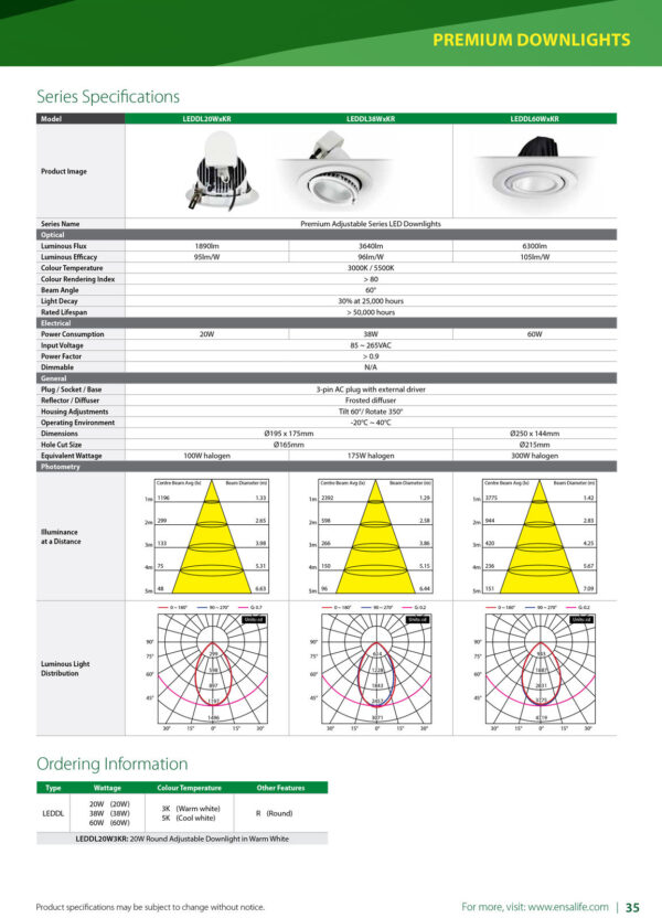 ENSA 20W Premium Adjustable LED Downlight (3000K) LEDDL20W3KR - Image 4