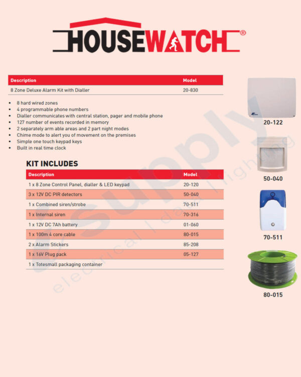 HOUSEWATCH ALARM KIT WITH DIALLER, 8 ZONE, 3 SENSORS APARTMENT KIT 20-830 - Image 3