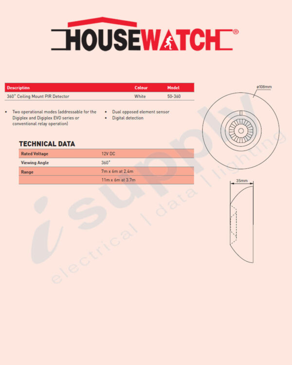 HOUSEWATCH CEILING MOUNT, 360 DEGREE PIR DETECTOR WHITE 50-360 - Image 4
