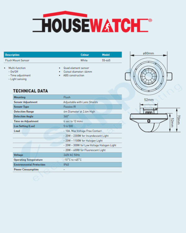 HOUSEWATCH FLUSH MOUNT SENSOR 360 DEGREE OS-465A 240V 55-465 - Image 4