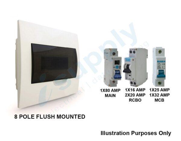 COMPLETE 8 WAY POLE FLUSH DISTRIBUTION BOARD SWITCHBOARD SAFETY SWITCH RCD MAIN SWITCH