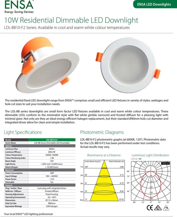 ENSA 10W Residential Fixed LED Dimmable Downlight (6000K) LDL-BB10-FC2 - Image 4