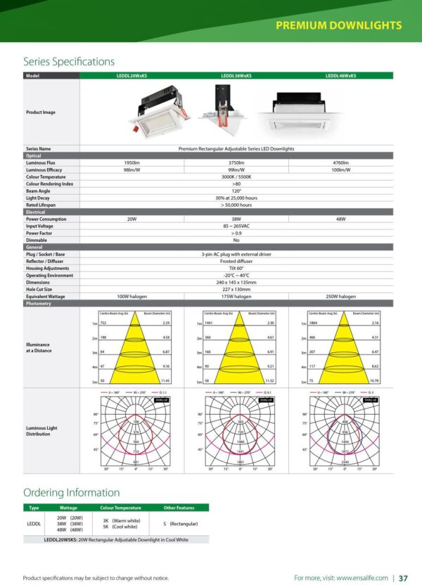 ENSA 48W Premium Rectangular Adjustable LED Downlight (3000K) LEDDL48W3KS - Image 5