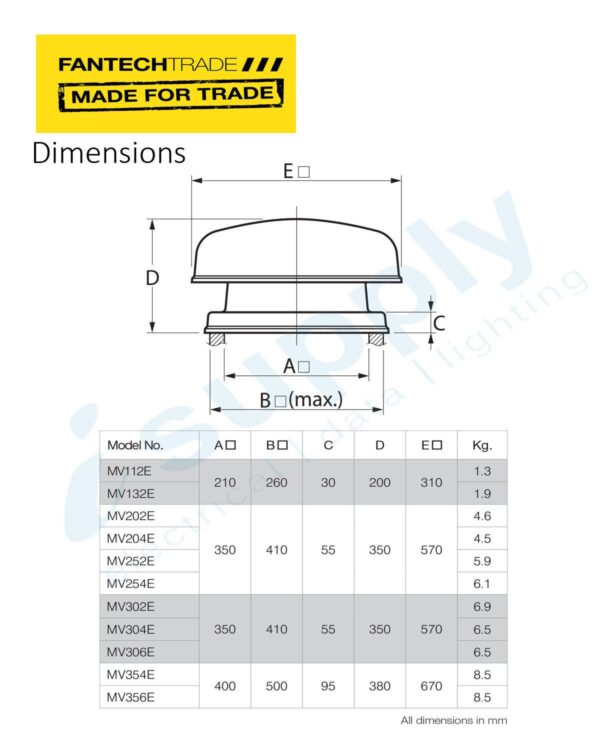 FANTECH Roof mounted exhaust fan 250mm 2 Pole 1 Ph MV252E