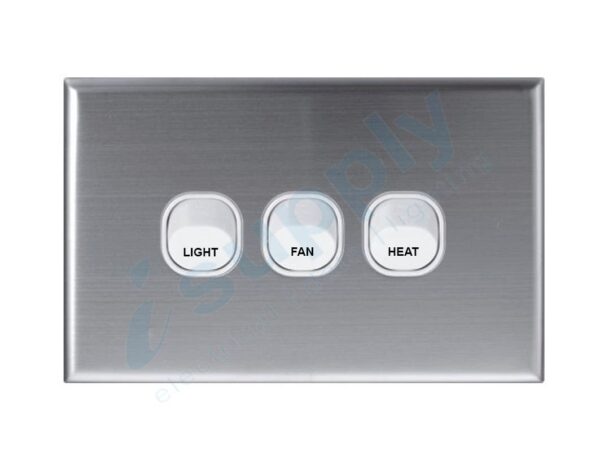 DEXTON Slim 3 Gang Wall Switch – LIGHT FAN HEAT – Slim Stainless Steel Cover DXWS/LFH/SC