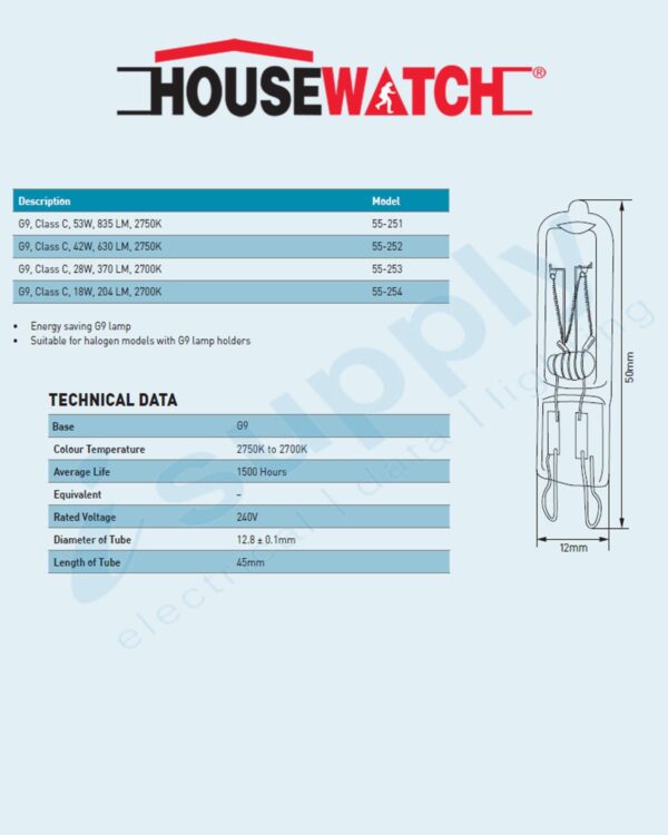 HOUSEWATCH ENERGY SAVING HALOGEN LAMP G9, Class C, 42W, 630 LM, 2750K 55-252 - Image 3