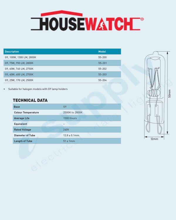 HOUSEWATCH TUNGSTEN HALOGEN LAMP G9 40W, 400 LM, 2700K 55-203 - Image 3