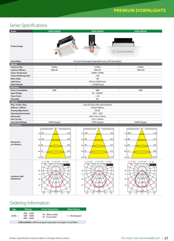 ENSA 38W Premium Rectangular Adjustable LED Downlight (3000K) LEDDL38W3KS - Image 5